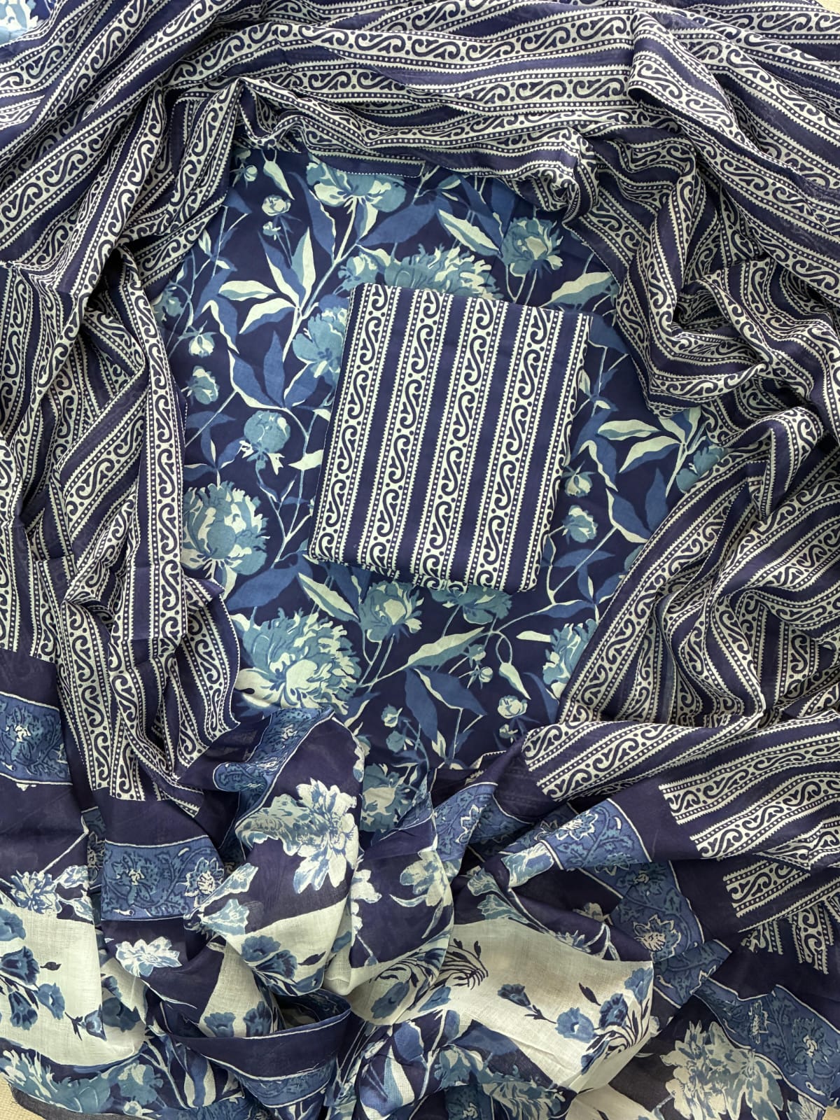 ELEGANT HAND BLOCK PRINT COTTON SUIT SET WITH MULMUL DUPATTA(WACOTMU39)