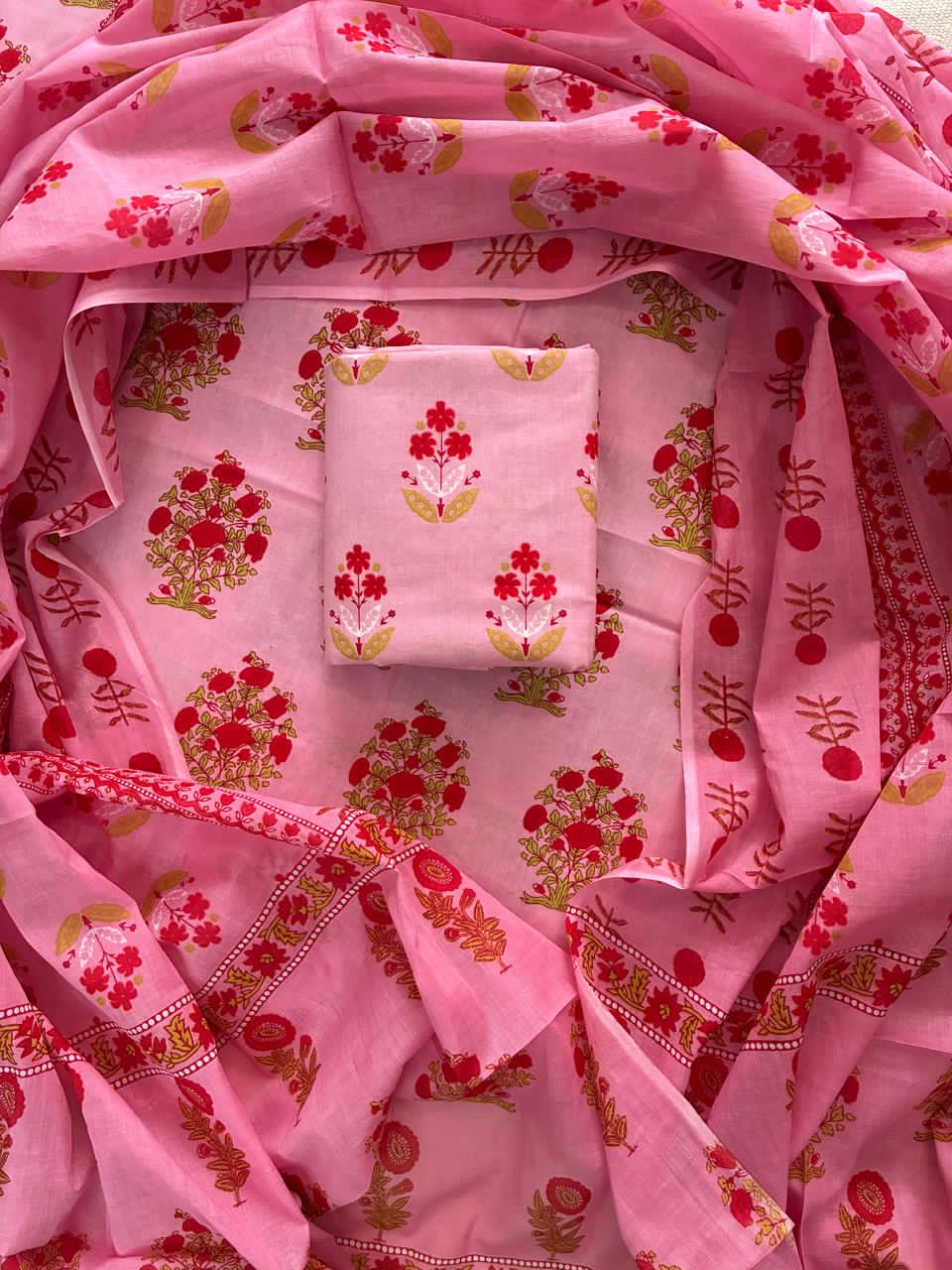 ELEGANT HAND BLOCK PRINT COTTON SUIT SET WITH MULMUL DUPATTA(WACOTMU41)