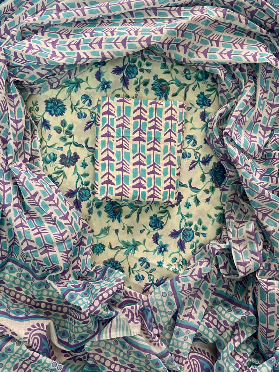 ELEGANT HAND BLOCK PRINT COTTON SUIT SET WITH MULMUL DUPATTA(WACOTMU42)