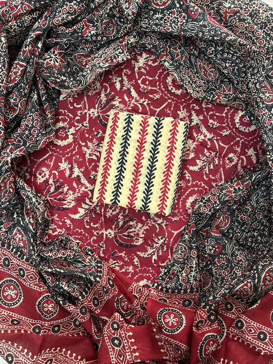 ELEGANT HAND BLOCK PRINT COTTON SUIT SET WITH MULMUL DUPATTA(WACOTMU11)