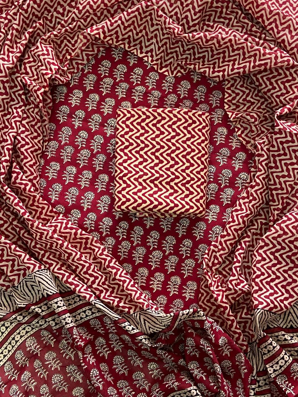 Designer Hand Block Print Cotton Suit Set with Mulmul Dupatta(WACOTMU112)