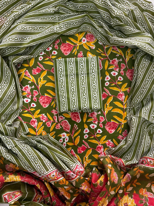 Designer Hand Block Print Cotton Suit Set with Mulmul Dupatta(WACOTMU117)
