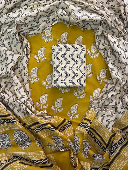 Designer Hand Block Print Cotton Suit Set with Mulmul Dupatta(WACOTMU120)