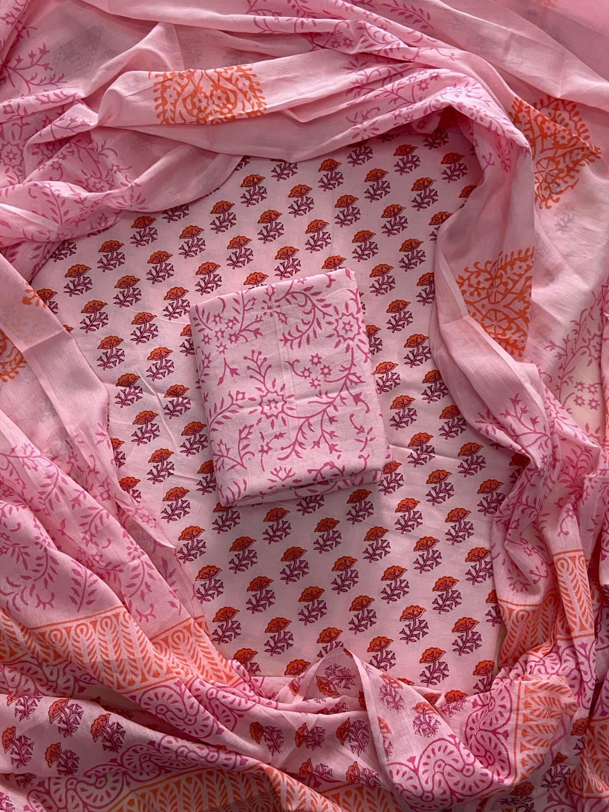 Designer Hand Block Print Cotton Suit Set with Mulmul Dupatta(WACOTMU124)