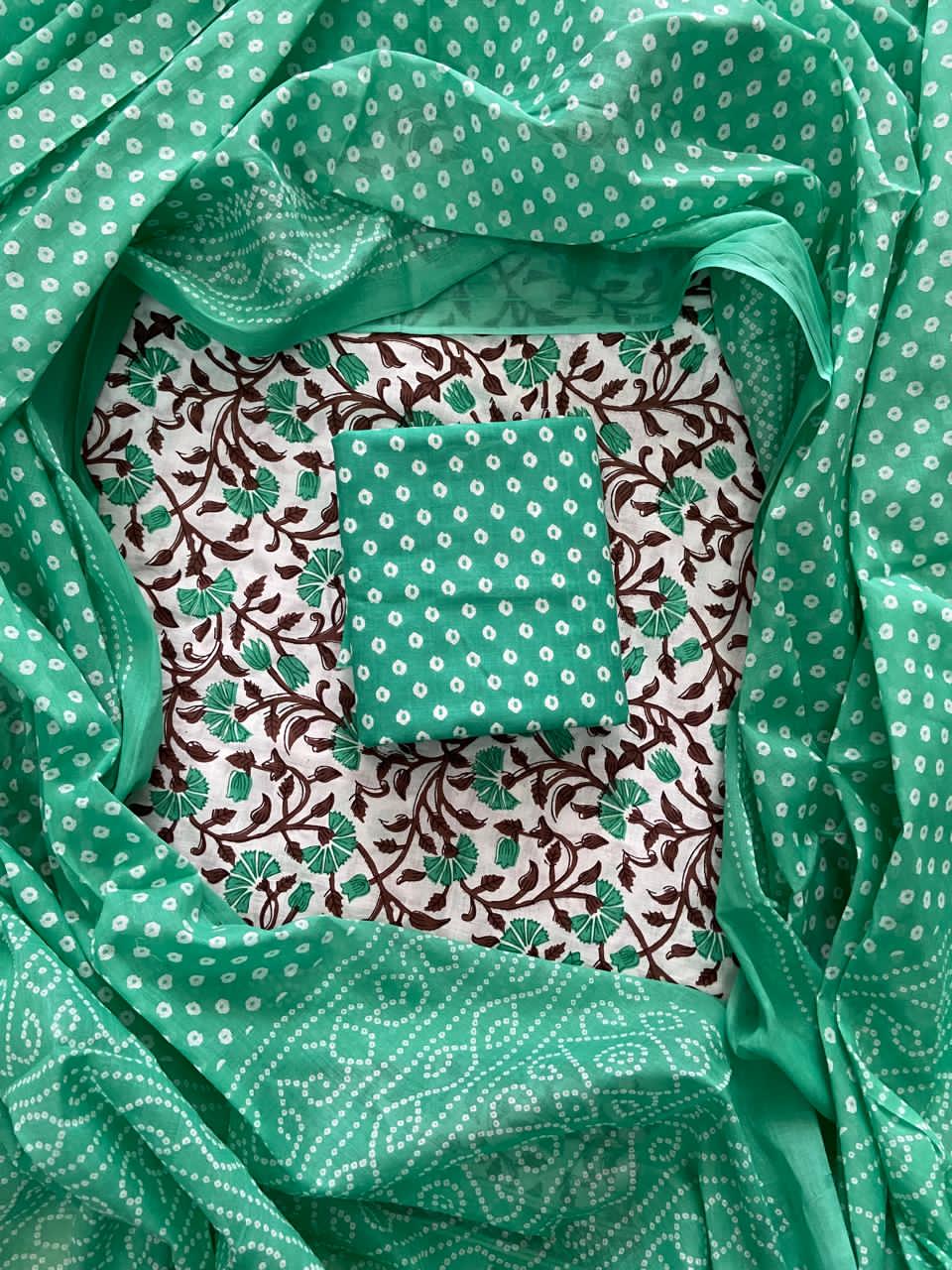 Designer Hand Block Print Cotton Suit Set with Mulmul Dupatta(WACOTMU127)
