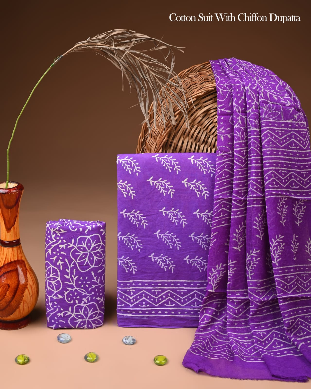 New Premium Hand Block Print Cotton Suit Set with Chiffon Dupatta(WACFCOTMU59)
