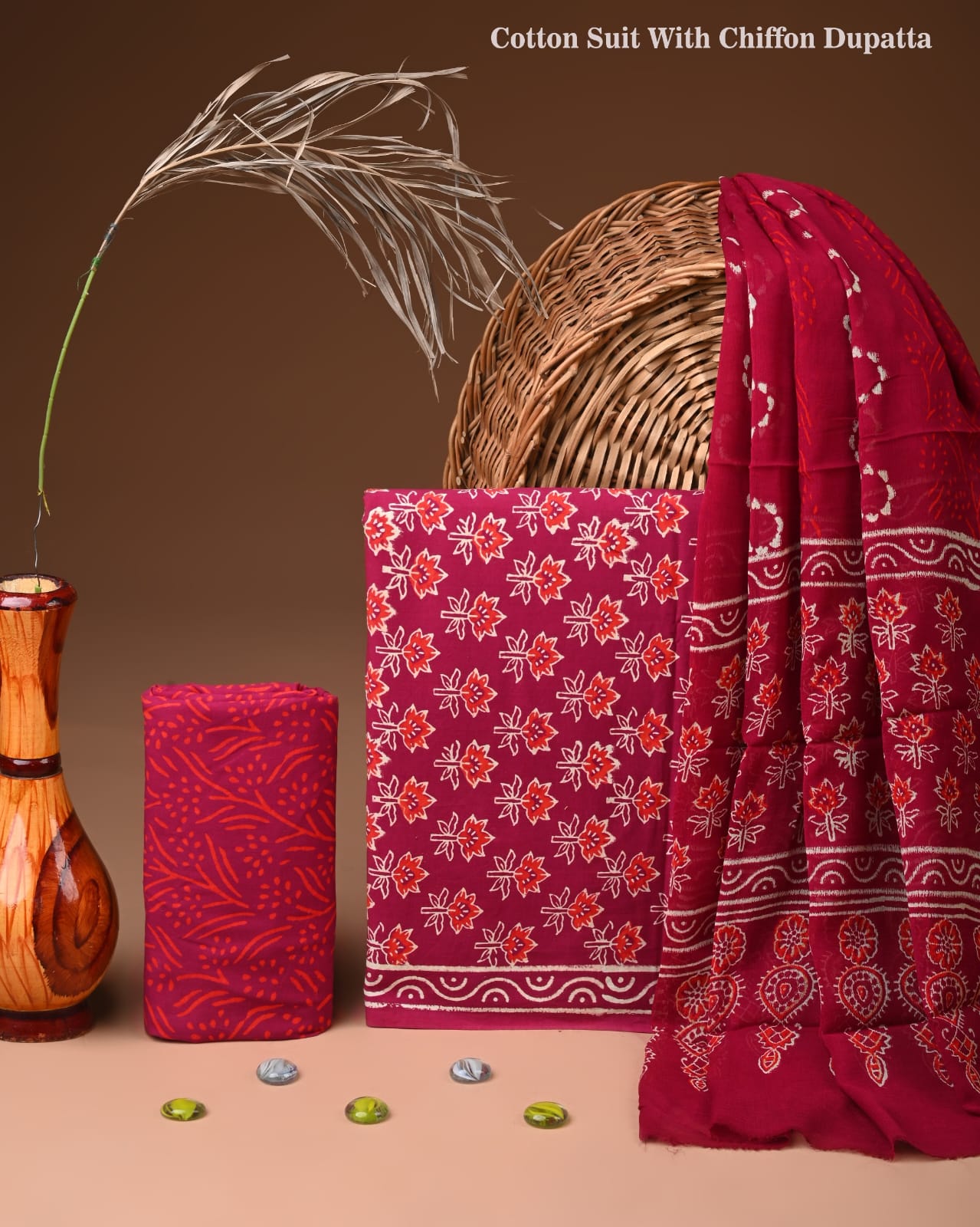 New Premium Hand Block Print Cotton Suit Set with Chiffon Dupatta(WACFCOTMU54)