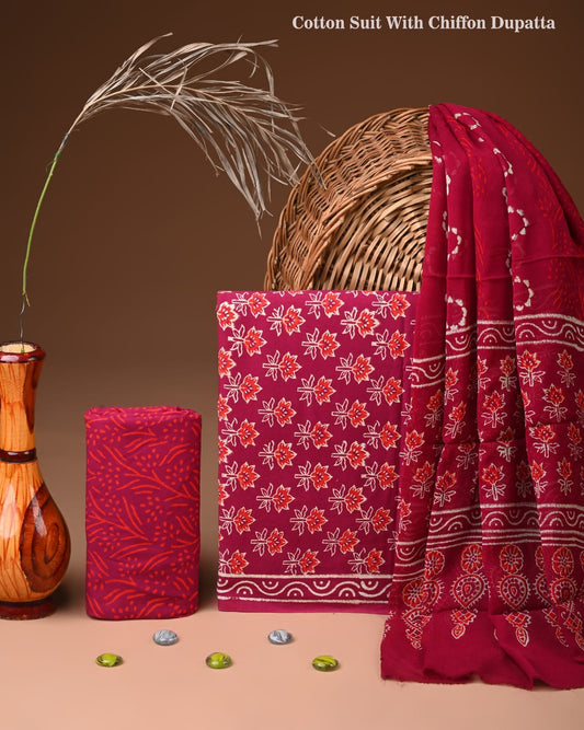 New Premium Hand Block Print Cotton Suit Set with Chiffon Dupatta(WACFCOTMU54)