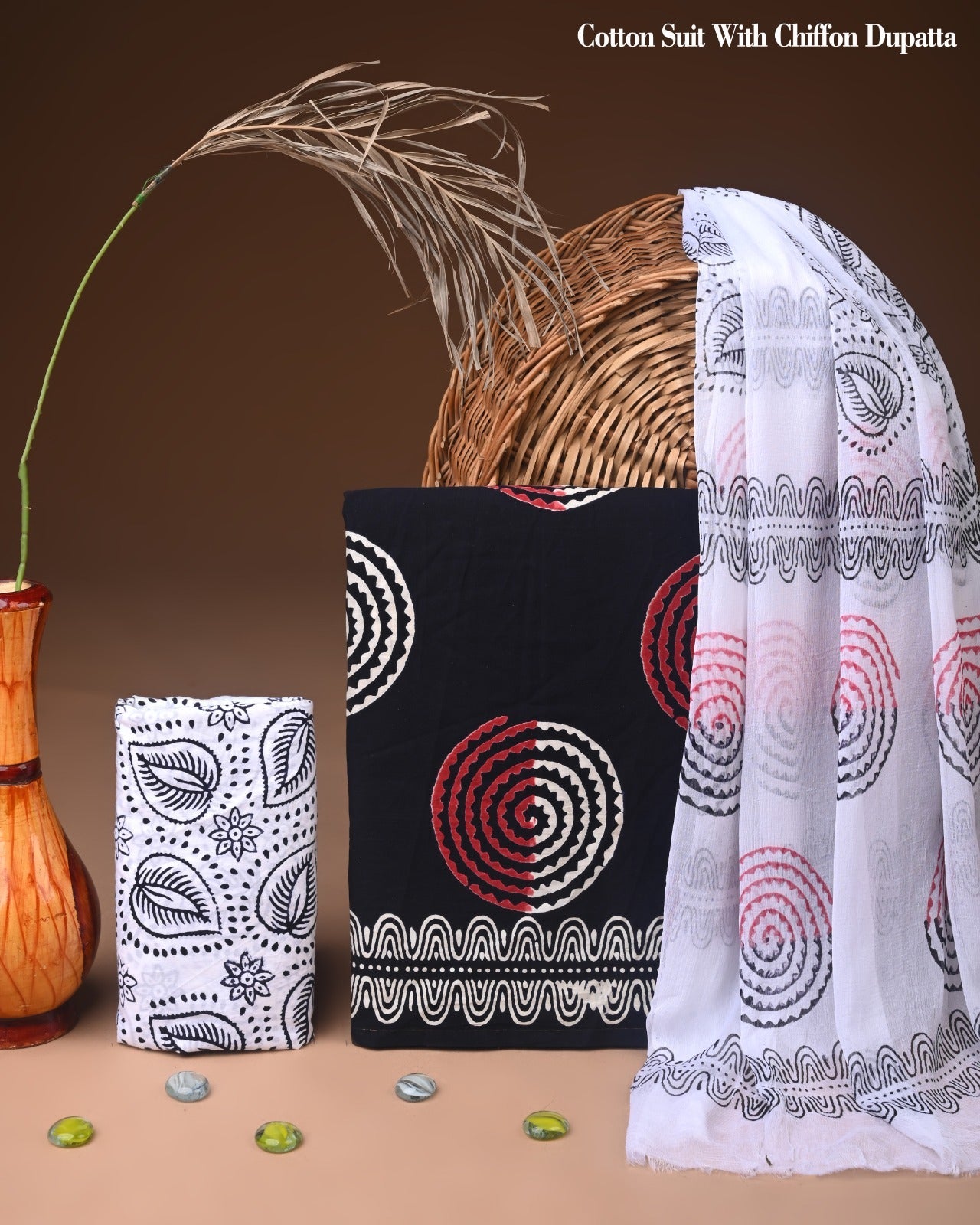 New Premium Hand Block Print Cotton Suit Set with Chiffon Dupatta(WACFCOTMU51)