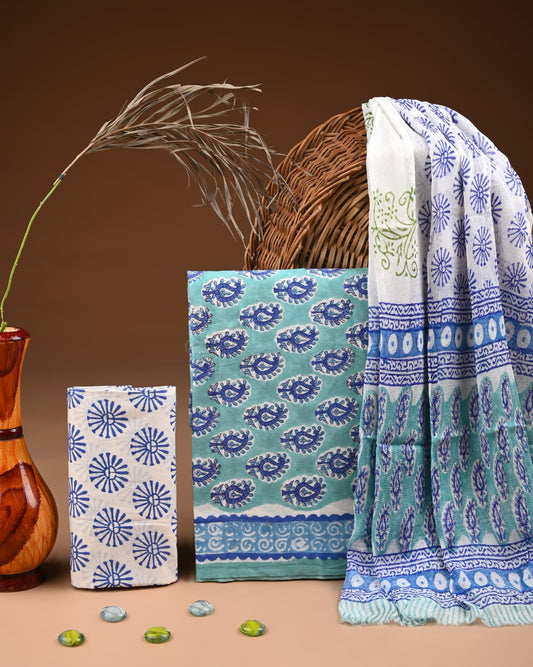 JAAL HAND BLOCK PRINT COTTON SUIT SET WITH CHIFFON DUPATTA(WACFCOTMU46)