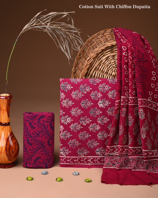JAAL HAND BLOCK PRINT COTTON SUIT SET WITH CHIFFON DUPATTA(WACFCOTMU44)
