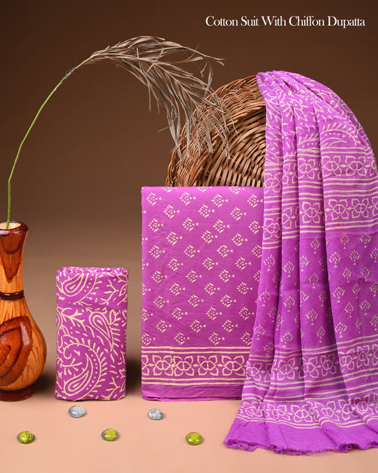 JAAL HAND BLOCK PRINT COTTON SUIT SET WITH CHIFFON DUPATTA(WACFCOTMU43)