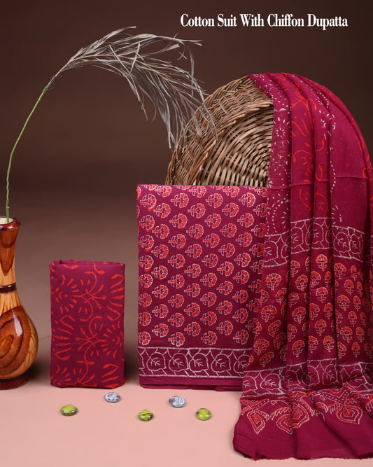 JAAL HAND BLOCK PRINT COTTON SUIT SET WITH CHIFFON DUPATTA(WACFCOTMU42)