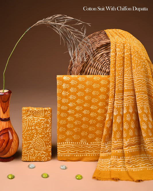 JAAL HAND BLOCK PRINT COTTON SUIT SET WITH CHIFFON DUPATTA(WACFCOTMU41)