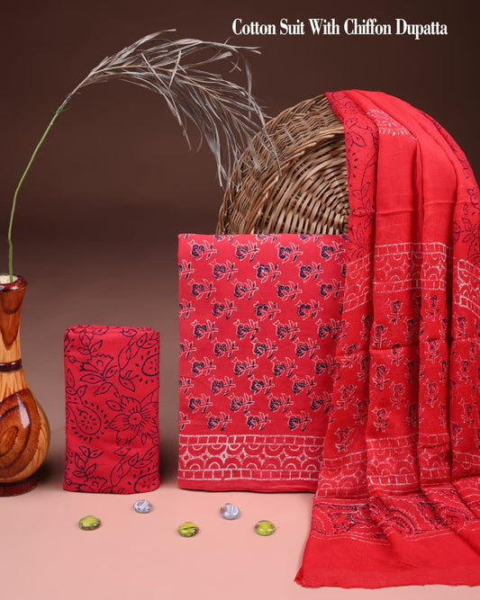JAAL HAND BLOCK PRINT COTTON SUIT SET WITH CHIFFON DUPATTA(WACFCOTMU39)