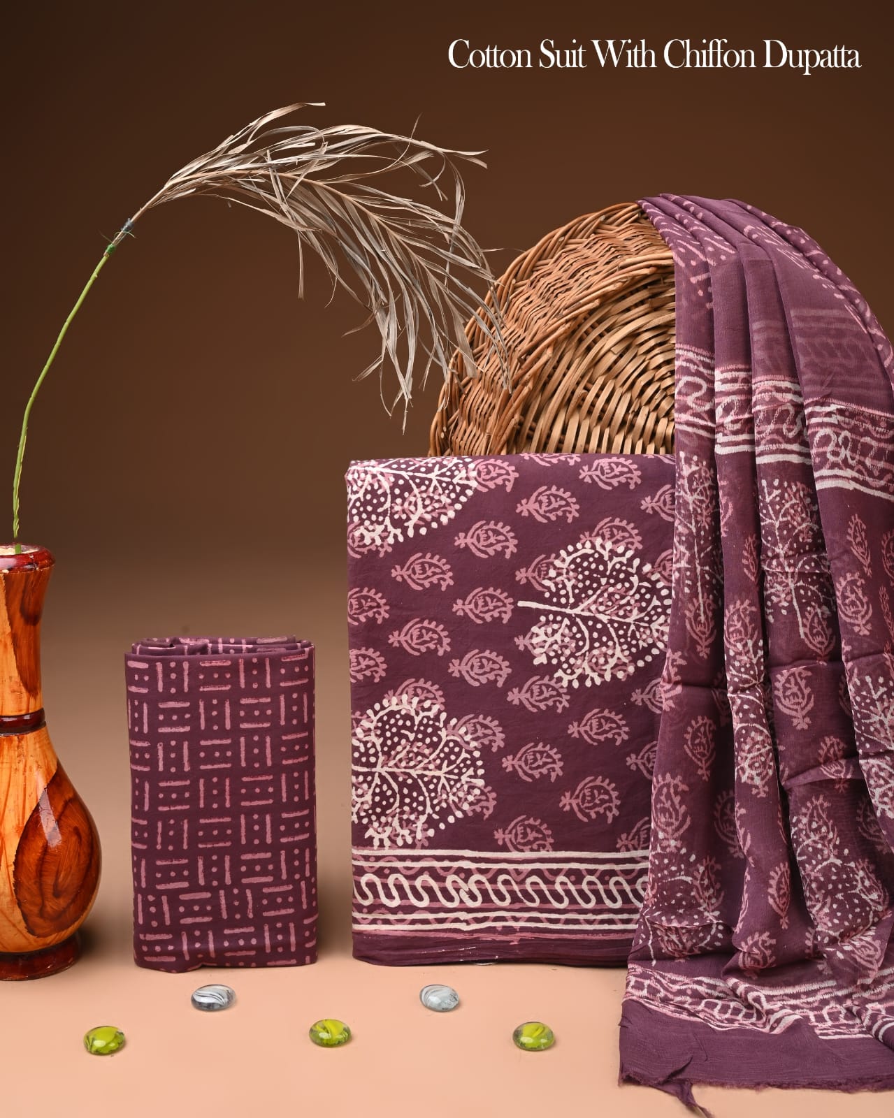 JAAL HAND BLOCK PRINT COTTON SUIT SET WITH CHIFFON DUPATTA(WACFCOTMU31)