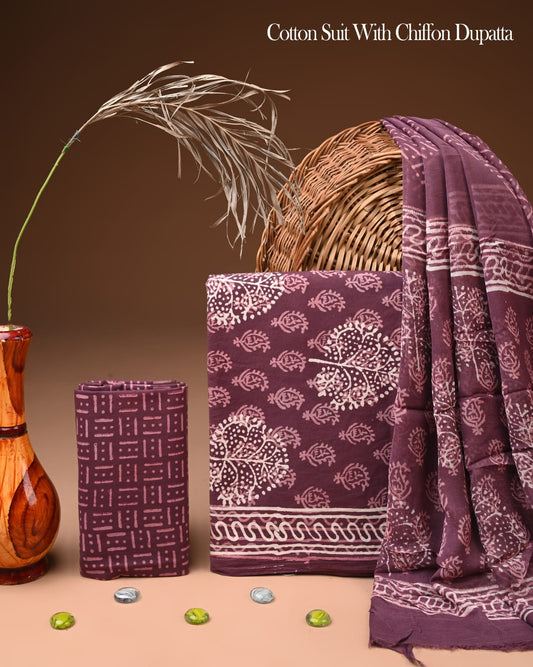 JAAL HAND BLOCK PRINT COTTON SUIT SET WITH CHIFFON DUPATTA(WACFCOTMU31)