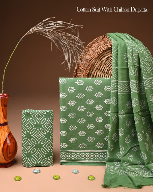 JAAL HAND BLOCK PRINT COTTON SUIT SET WITH CHIFFON DUPATTA(WACFCOTMU03)