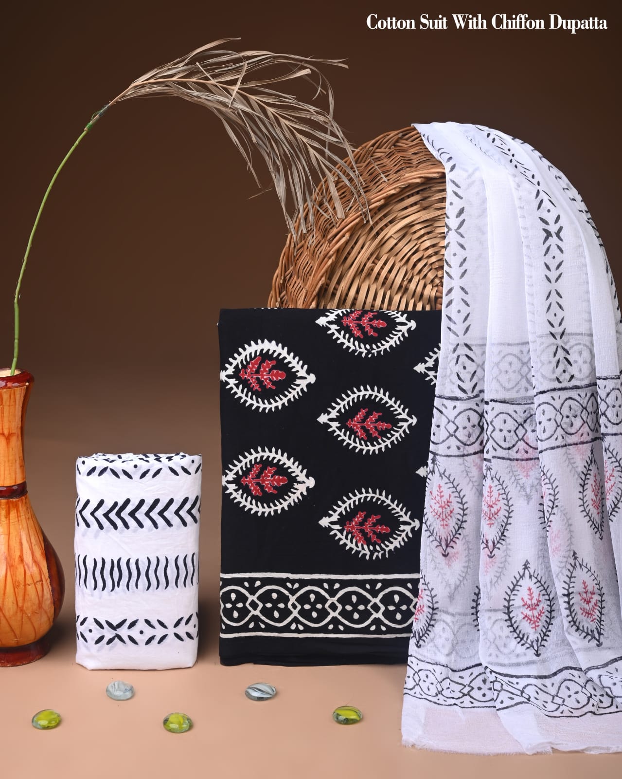 JAAL HAND BLOCK PRINT COTTON SUIT SET WITH CHIFFON DUPATTA(WACFCOTMU33)