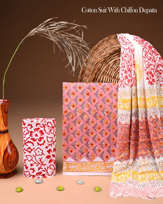 ELEGANT HAND BLOCK PRINT COTTON SUIT SET WITH CHIFFON DUPATTA(WACFCOTMU11)