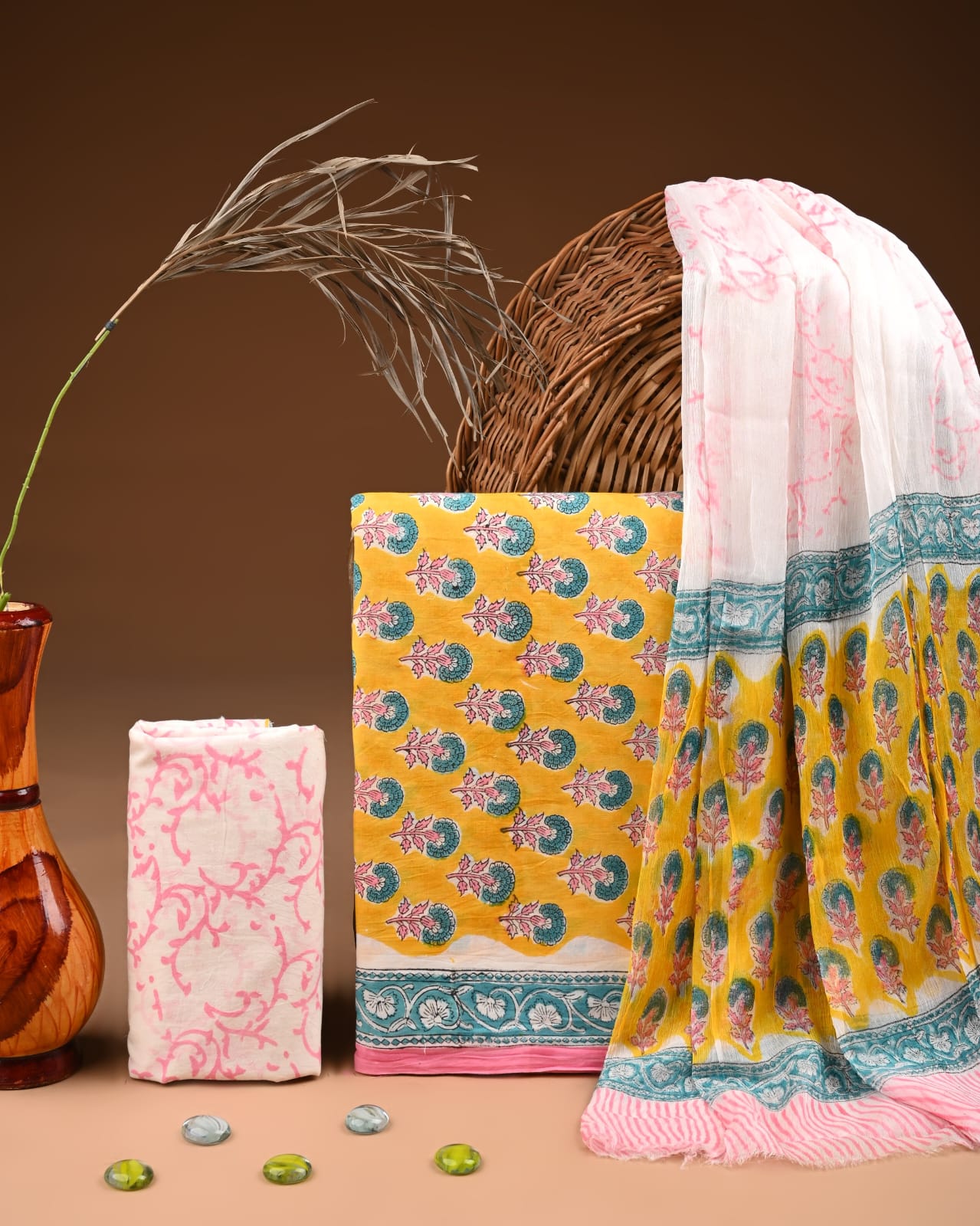 Premium Hand Block Print Cotton Suit Set with Chiffon Dupatta(WACFCOTMU17)