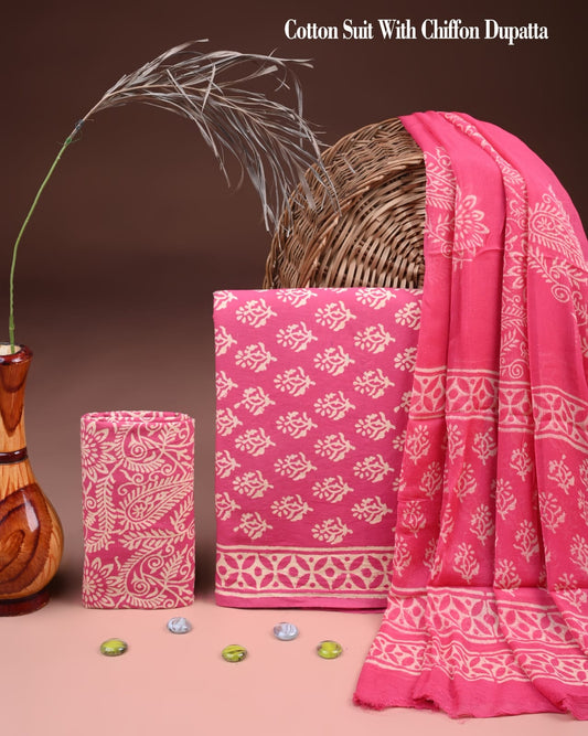 Exclusive Hand Block Print Cotton Suit Set with Chiffon Dupatta(WACFCOTMU27)