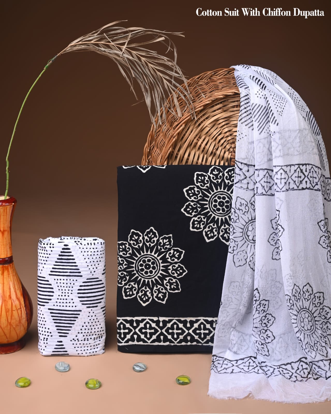 Exclusive Hand Block Print Cotton Suit Set with Chiffon Dupatta(WACFCOTMU28)