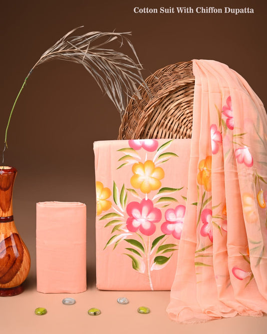 Exclusive Hand Block Print Cotton Suit Set with Chiffon Dupatta(WACFCOTMU29)