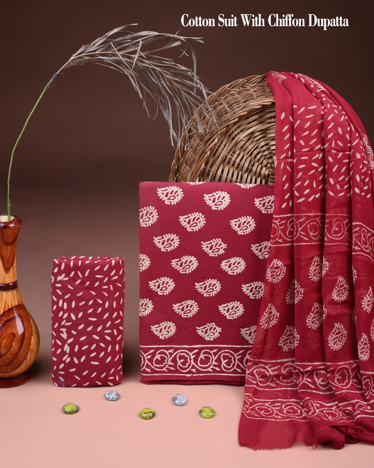 New Premium Hand Block Print Cotton Suit Set with Chiffon Dupatta(WACFCOTMU23)