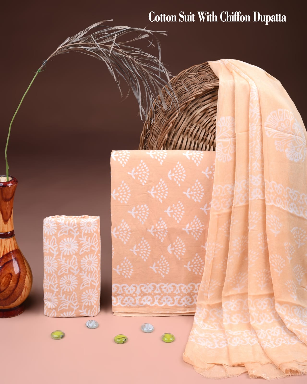 New Premium Hand Block Print Cotton Suit Set with Chiffon Dupatta(WACFCOTMU14)