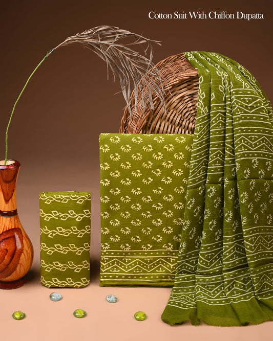 JAAL HAND BLOCK PRINT COTTON SUIT SET WITH CHIFFON DUPATTA(WACFCOTMU09)