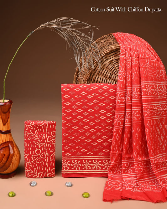 JAAL HAND BLOCK PRINT COTTON SUIT SET WITH CHIFFON DUPATTA(WACFCOTMU08)
