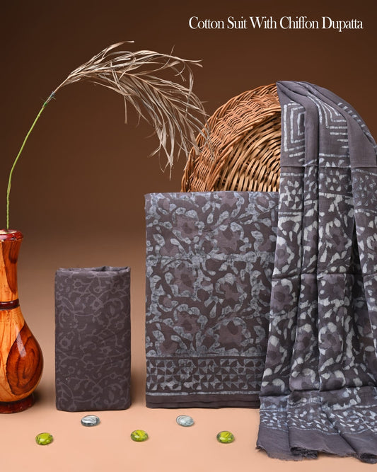 JAAL HAND BLOCK PRINT COTTON SUIT SET WITH CHIFFON DUPATTA(WACFCOTMU07)