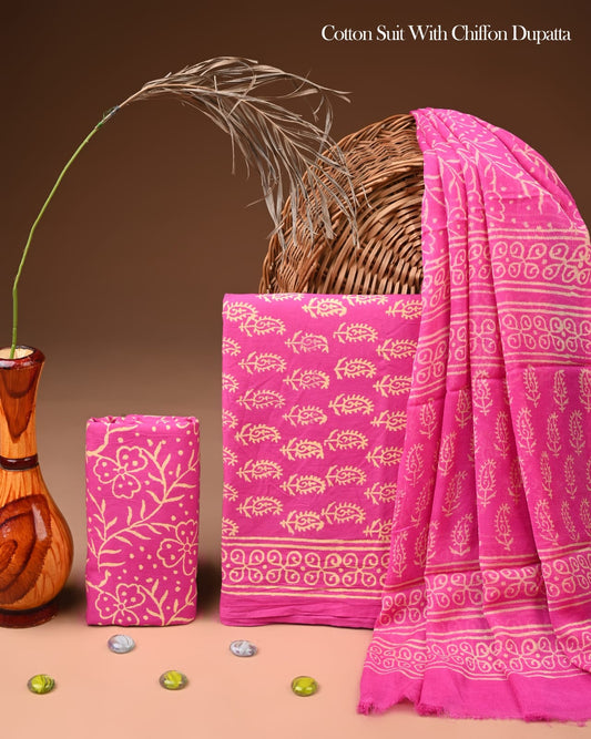 JAAL HAND BLOCK PRINT COTTON SUIT SET WITH CHIFFON DUPATTA(WACFCOTMU06)