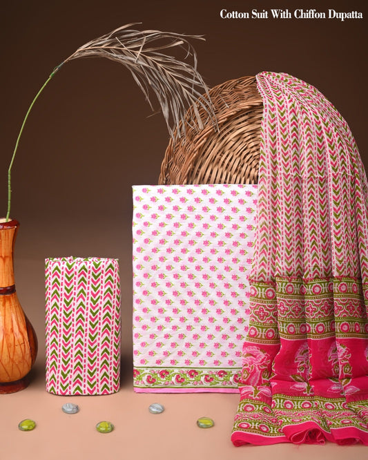 JAAL HAND BLOCK PRINT COTTON SUIT SET WITH CHIFFON DUPATTA(WACFCOTMU38)