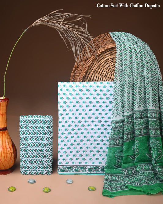 JAAL HAND BLOCK PRINT COTTON SUIT SET WITH CHIFFON DUPATTA(WACFCOTMU37)