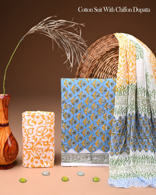 JAAL HAND BLOCK PRINT COTTON SUIT SET WITH CHIFFON DUPATTA(WACFCOTMU05)