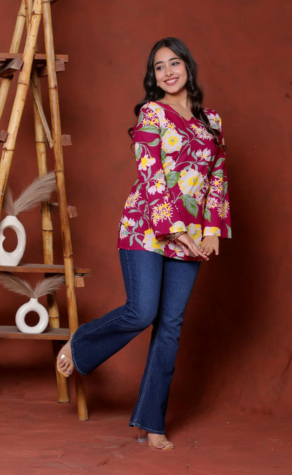 Elevate your ethnic wardrobe with this chic and vibrant fuchsia pink blue skay green  kurti. Featuring a striking white lily print, this piece is designed for the modern woman who loves a mix of classic charm and edgy details.(RRRD40