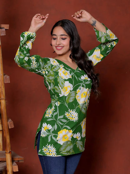 Elevate your ethnic wardrobe with this chic and vibrant fuchsia pink blue skay green  kurti. Featuring a striking white lily print, this piece is designed for the modern woman who loves a mix of classic charm and edgy details.(RRRD40