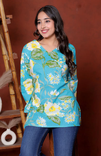 Elevate your ethnic wardrobe with this chic and vibrant fuchsia pink blue skay green  kurti. Featuring a striking white lily print, this piece is designed for the modern woman who loves a mix of classic charm and edgy details.(RRRD40