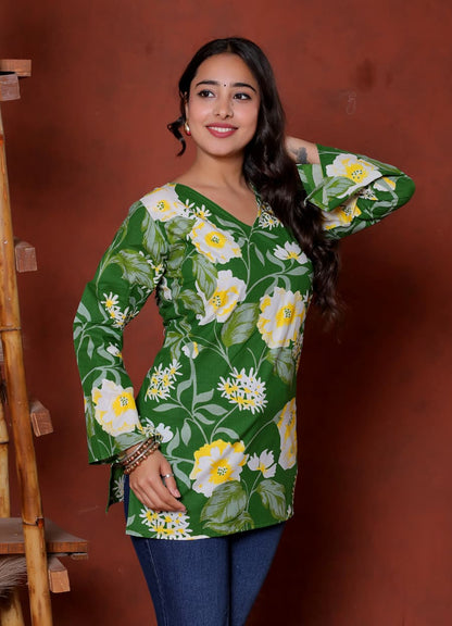 Elevate your ethnic wardrobe with this chic and vibrant fuchsia pink blue skay green  kurti. Featuring a striking white lily print, this piece is designed for the modern woman who loves a mix of classic charm and edgy details.(RRRD40