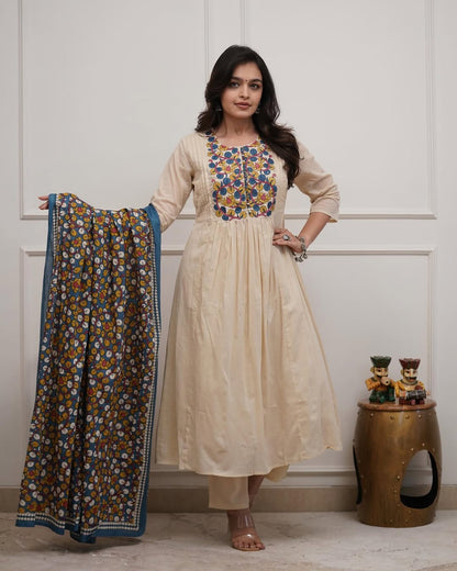 Designer Cream Anarkali Suit with Vibrant Floral Dupatta(RD43)