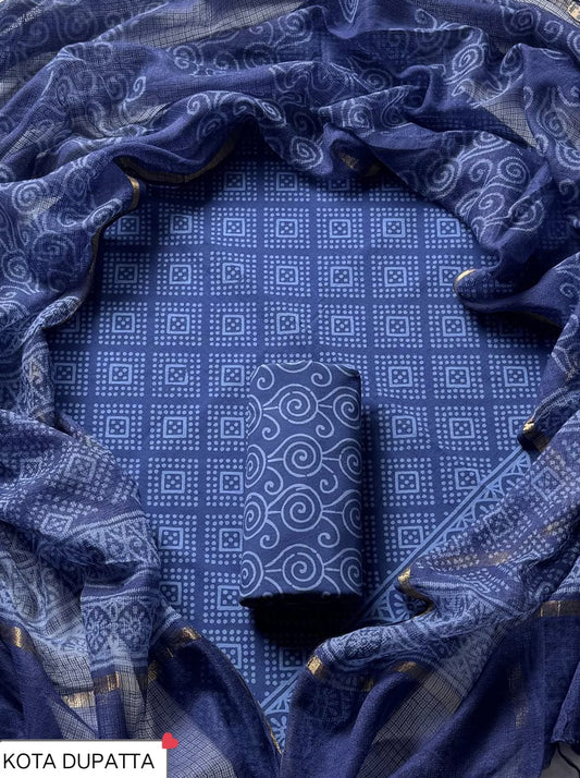 DESIGNER HAND BLOCK PRINT COTTON SUIT SET WITH KOTA DORIA DUPATTA (WAKOTMU60)