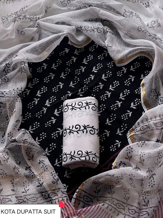 DESIGNER HAND BLOCK PRINT COTTON SUIT SET WITH KOTA DORIA DUPATTA (WAKOTMU59)