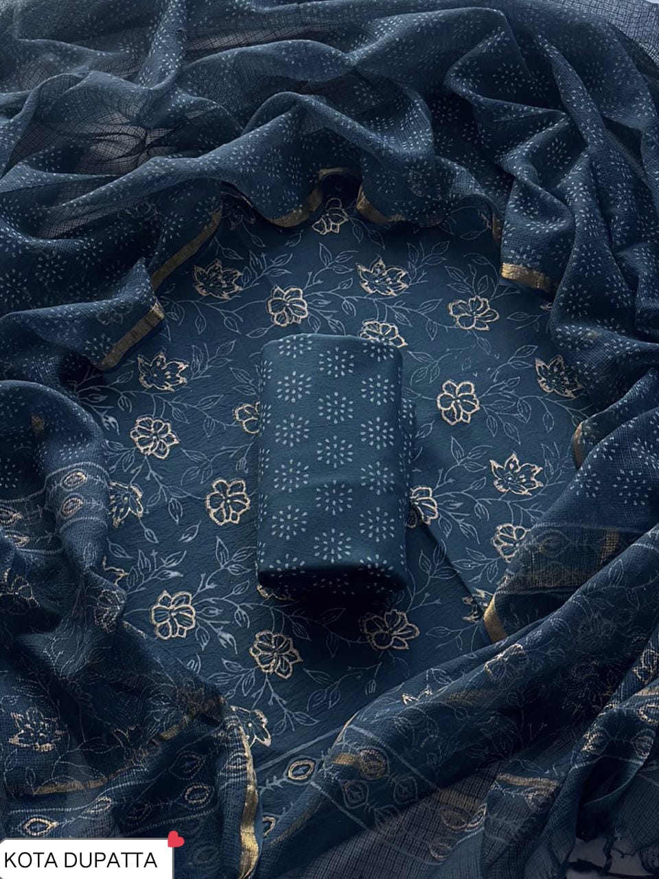 DESIGNER HAND BLOCK PRINT COTTON SUIT SET WITH KOTA DORIA DUPATTA (WAKOTMU58)