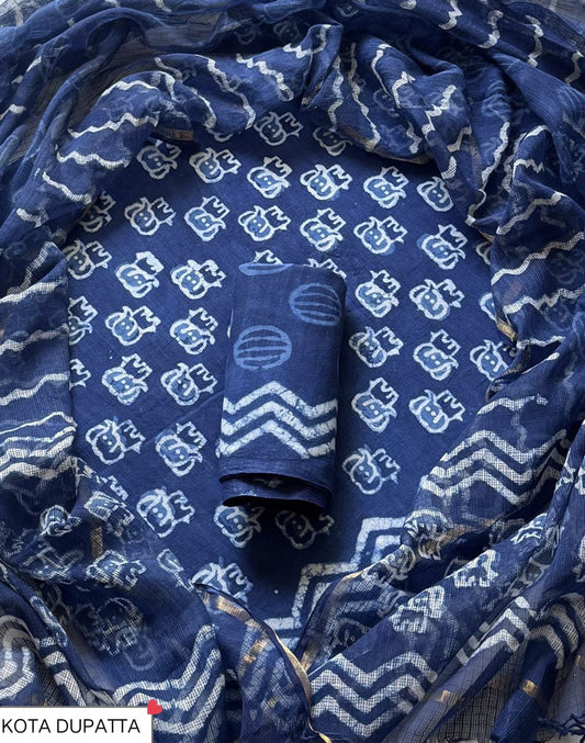 DESIGNER HAND BLOCK PRINT COTTON SUIT SET WITH KOTA DORIA DUPATTA (WAKOTMU55)