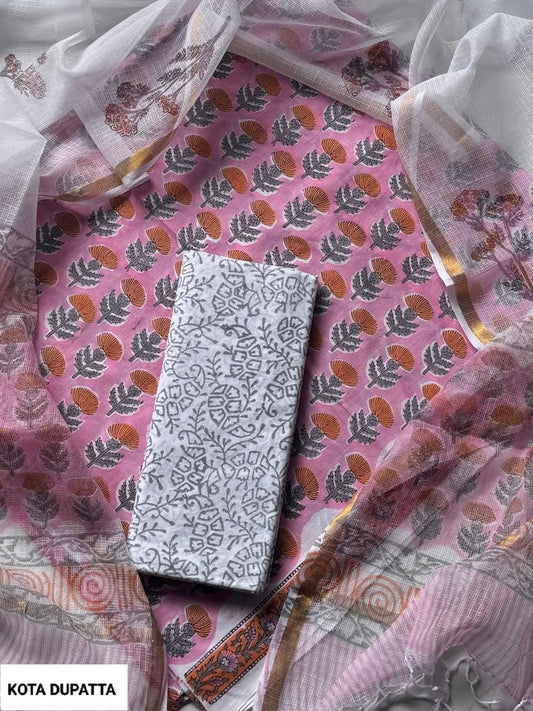 DESIGNER HAND BLOCK PRINT COTTON SUIT SET WITH KOTA DORIA DUPATTA (WAKOTMU53)