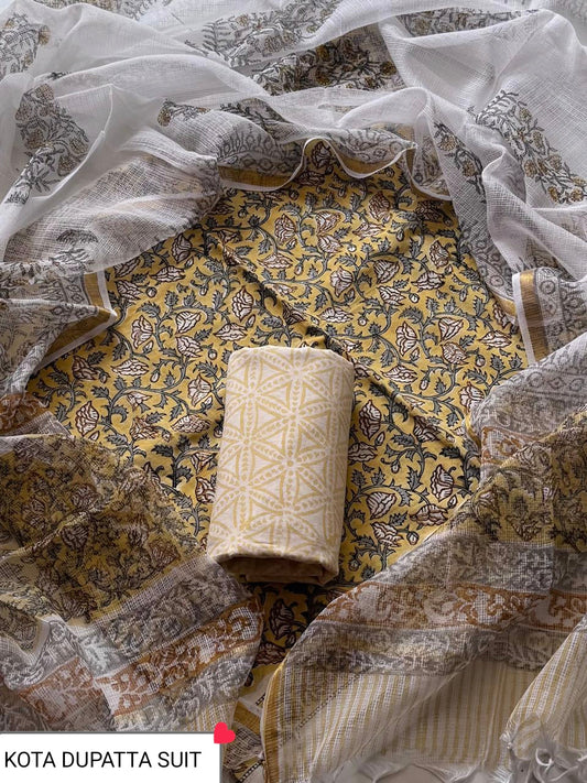 DESIGNER HAND BLOCK PRINT COTTON SUIT SET WITH KOTA DORIA DUPATTA (WAKOTMU51)
