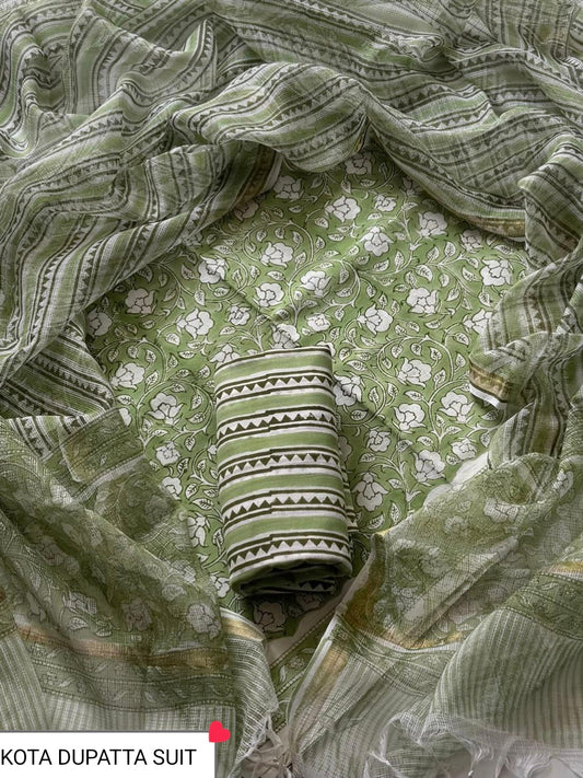 DESIGNER HAND BLOCK PRINT COTTON SUIT SET WITH KOTA DORIA DUPATTA (WAKOTMU48)