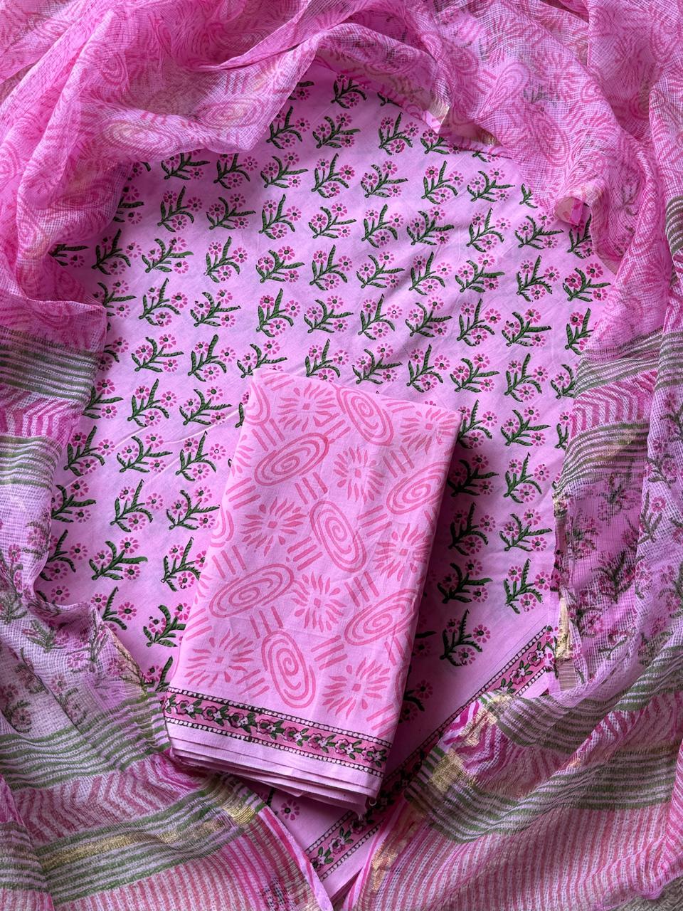 DESIGNER HAND BLOCK PRINT COTTON SUIT SET WITH KOTA DORIA DUPATTA (WAKOTMU45)